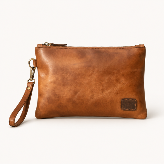 Men's PU Leather Wristlet Clutch Bag – Brown Zipper Pouch